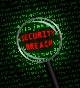 Red "SECURITY BREACH" revealed in green computer code through a