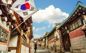 Street view S Korea with flag